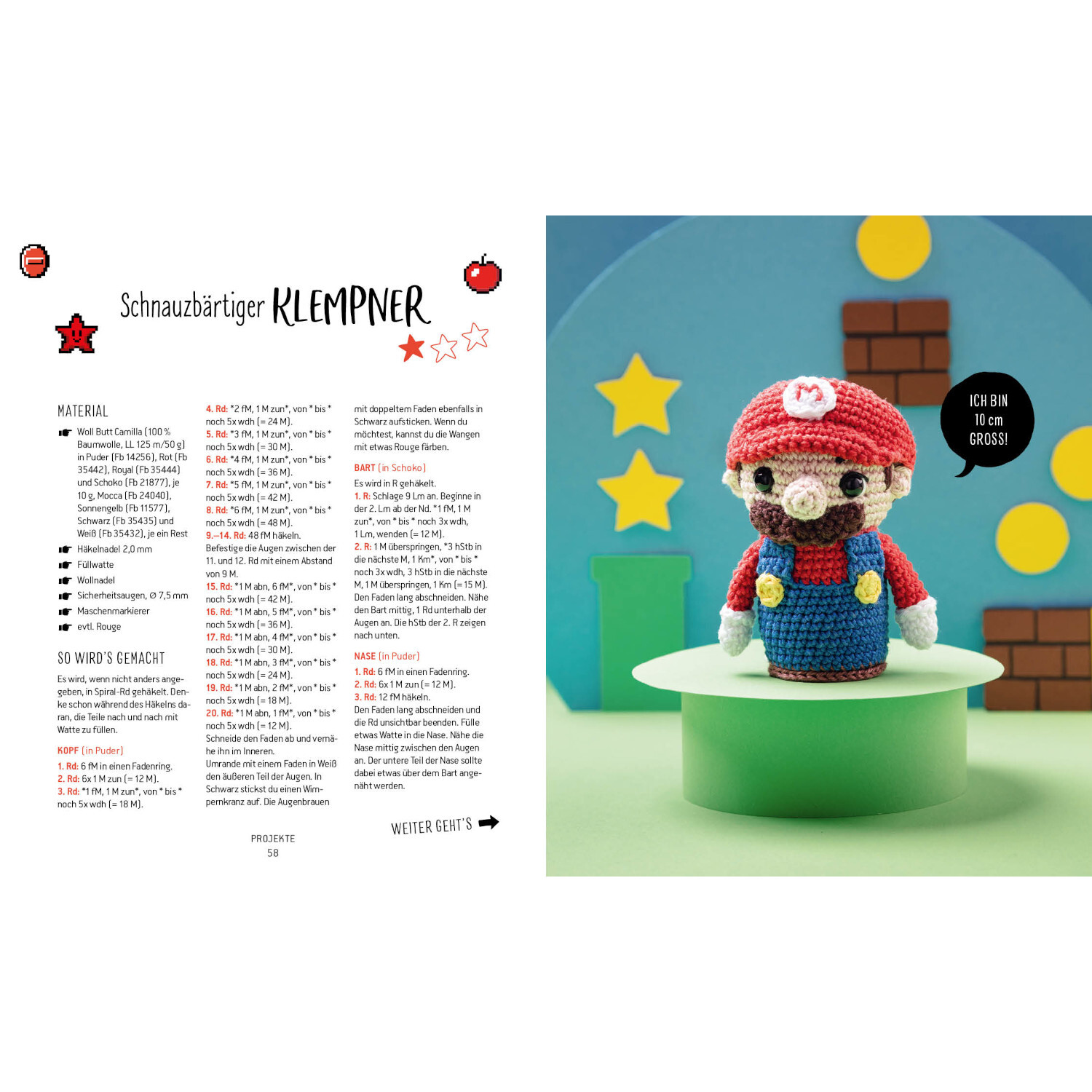 Helden der Kindheit - Die Minis: Gehäkelte Figur eines schnauzbärtigen Klempners in Rot und Blau auf grünem Podest vor blauem Hintergrund.