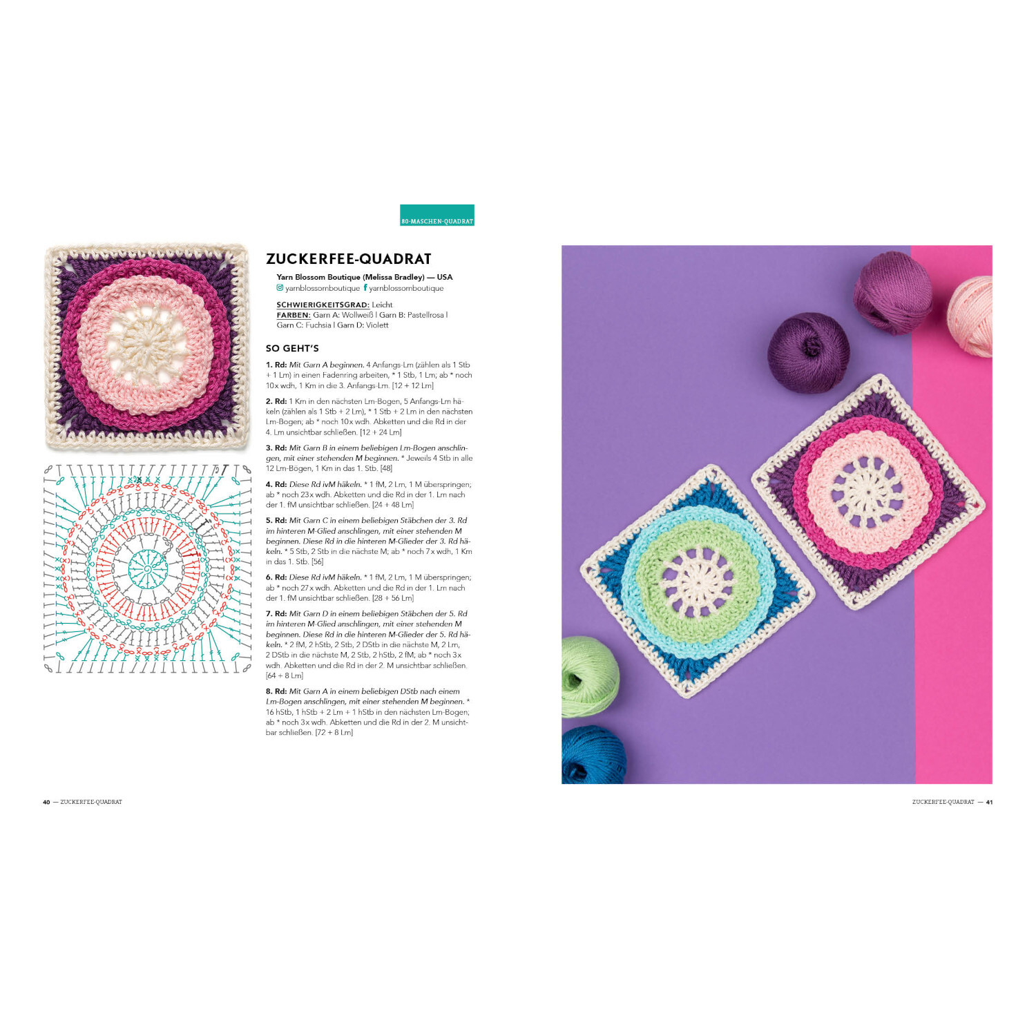 Musterbibel Granny Squares von Edition Michael Fischer Musterbibel Granny Squares: Bunte Häkelquadrate auf lila Hintergrund mit Garnknäueln in verschiedenen Farben.