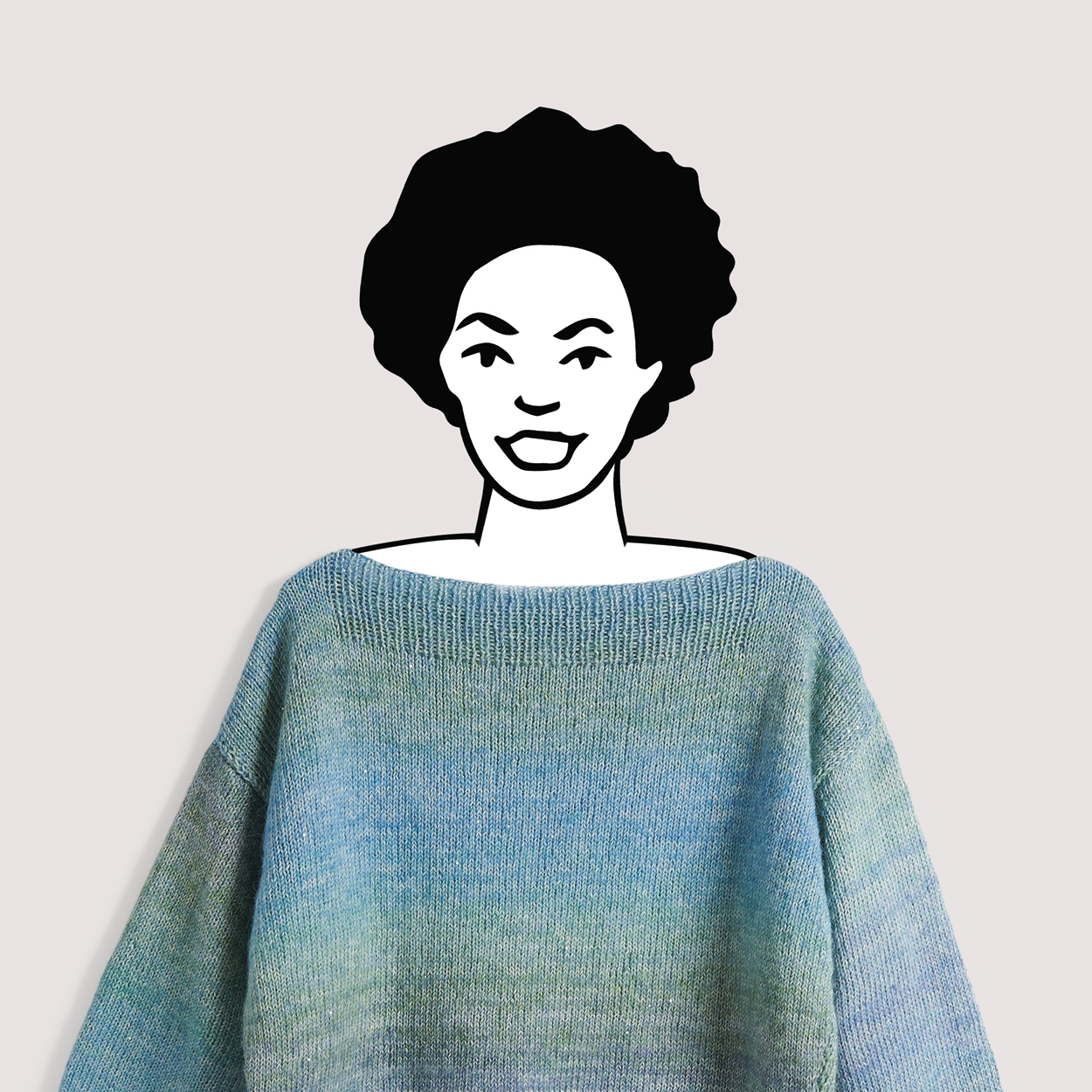 Schwarz-weiß gezeichnete Frau trägt einen blauen gestrickten Pullover.