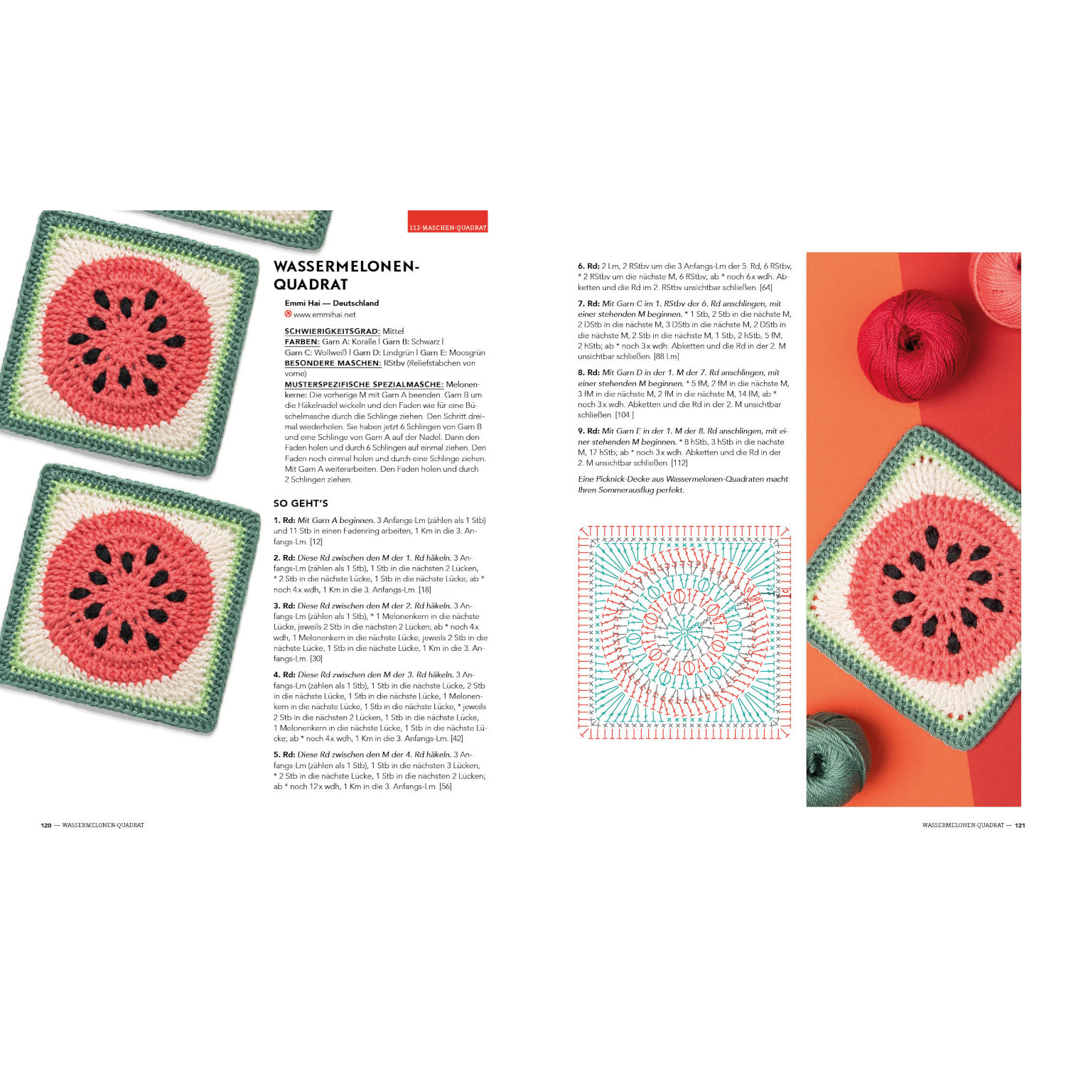 Musterbibel Granny Squares von Edition Michael Fischer Musterbibel Granny Squares: Anleitung für Wassermelonen-Quadrat mit bunten Garnen und Häkelnadel.