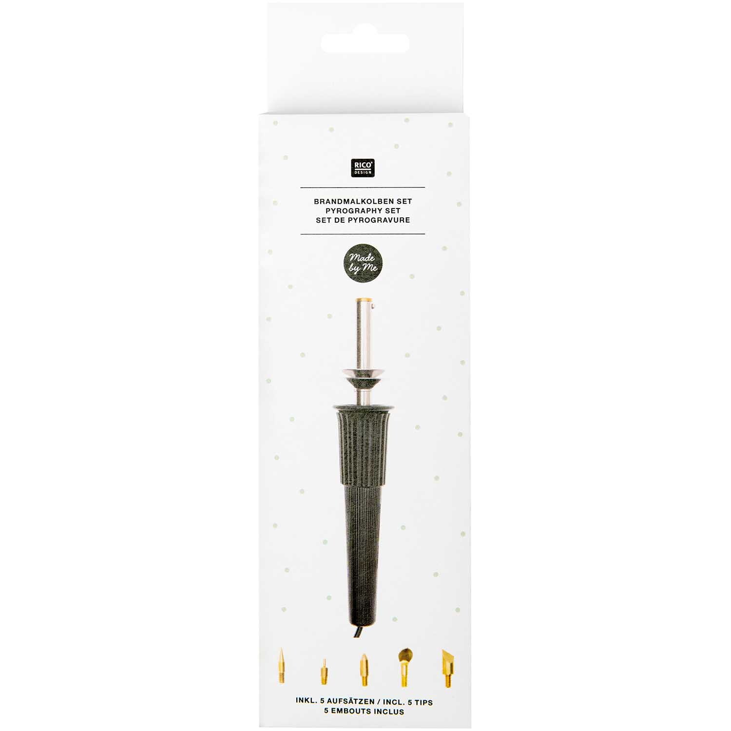 Brandmalkolben-Set inkl. 5 Aufsätze von Rico Design in schwarzer Verpackung mit Aufsätzen. Ideal für kreative Holzarbeiten.