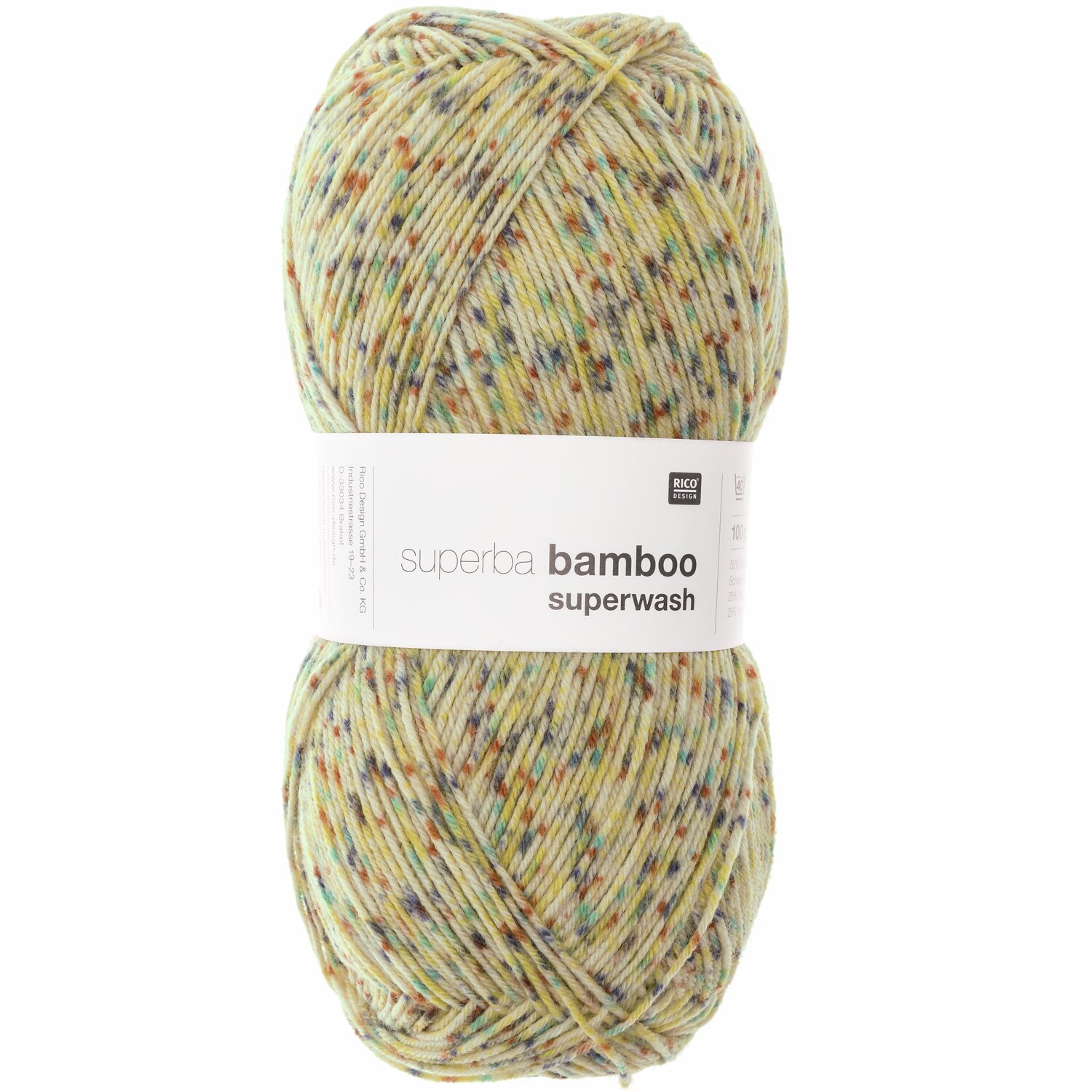Superba Bamboo superwash, Konfetti Gelb: Weiches Garn mit bunten Sprenkeln, 100g, 420m, ideal für Strickprojekte.