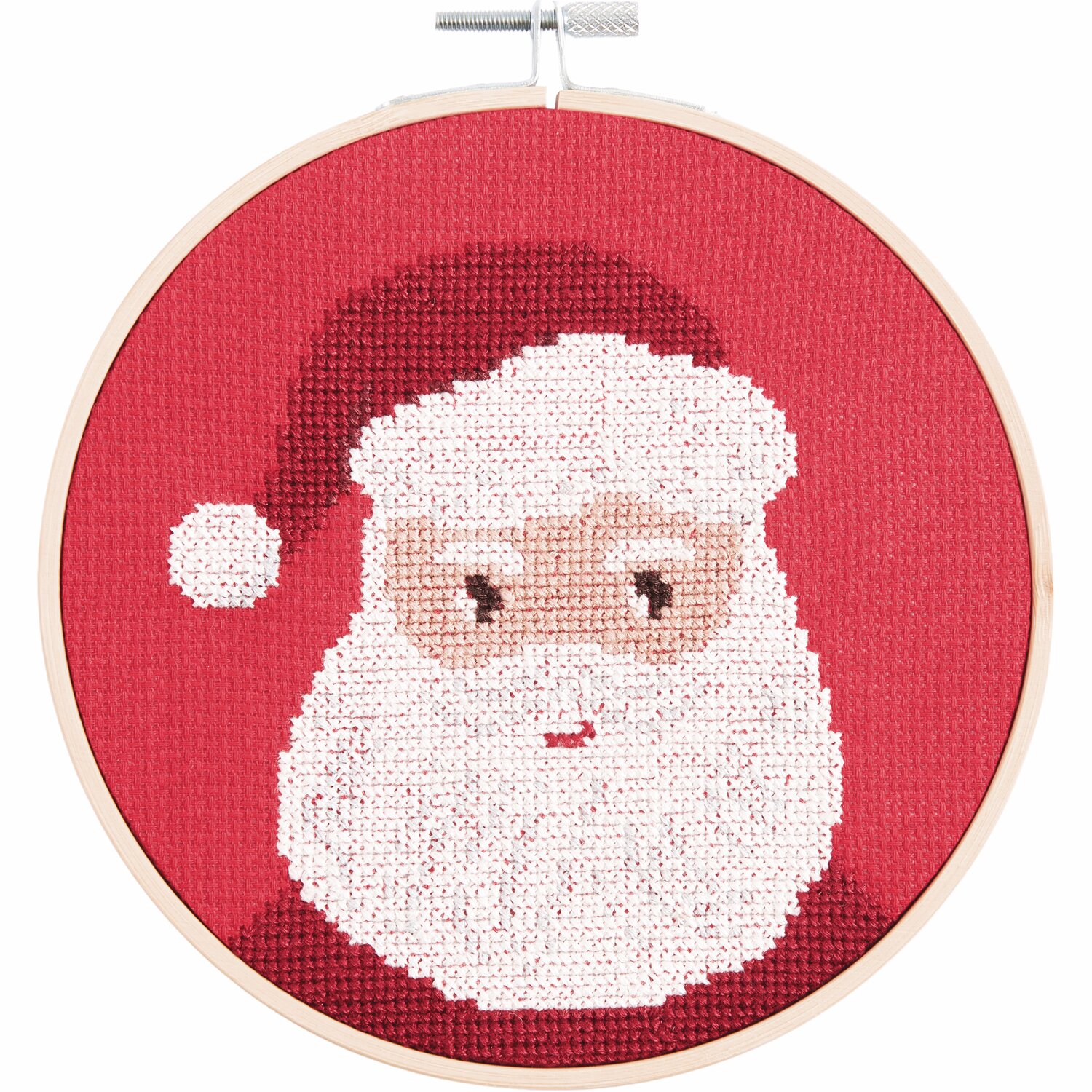 Stickpackung Portrait Santa: Kreuzstichbild von Santa Claus auf rotem Hintergrund, Ø15cm.