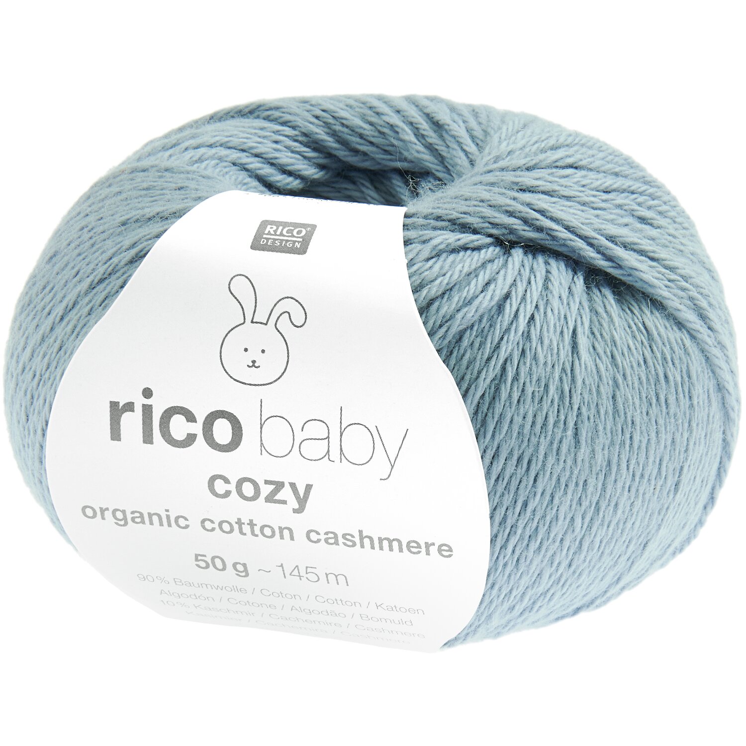 Baby Cozy Organic Cotton Cashmere, hellblaues Garn von Rico Design, 50g, 145m, ideal für weiche Strickprojekte.