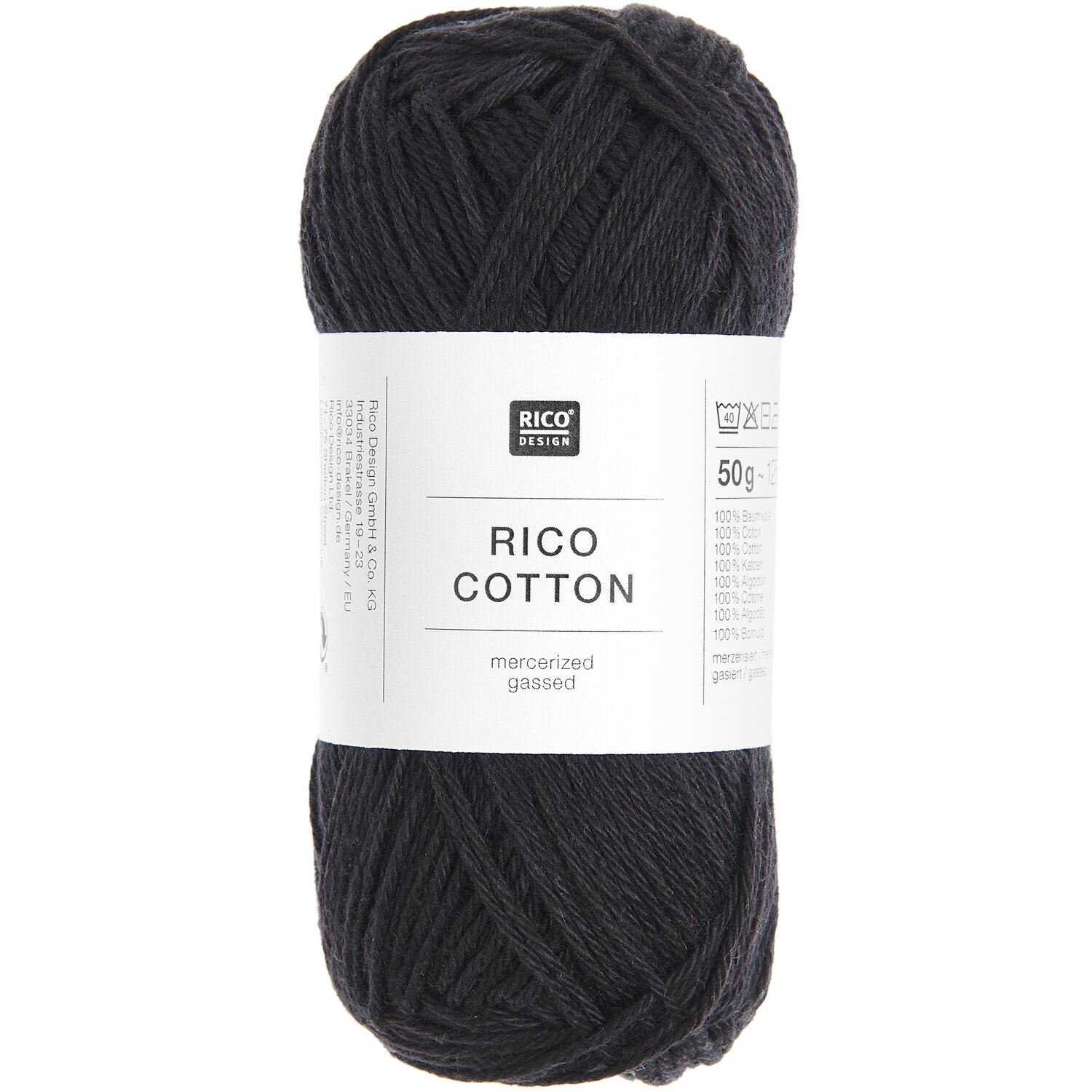 Rico Cotton: Schwarzes Baumwollgarn von Rico Design, 50g, 125m, mercerisiert und gegast.