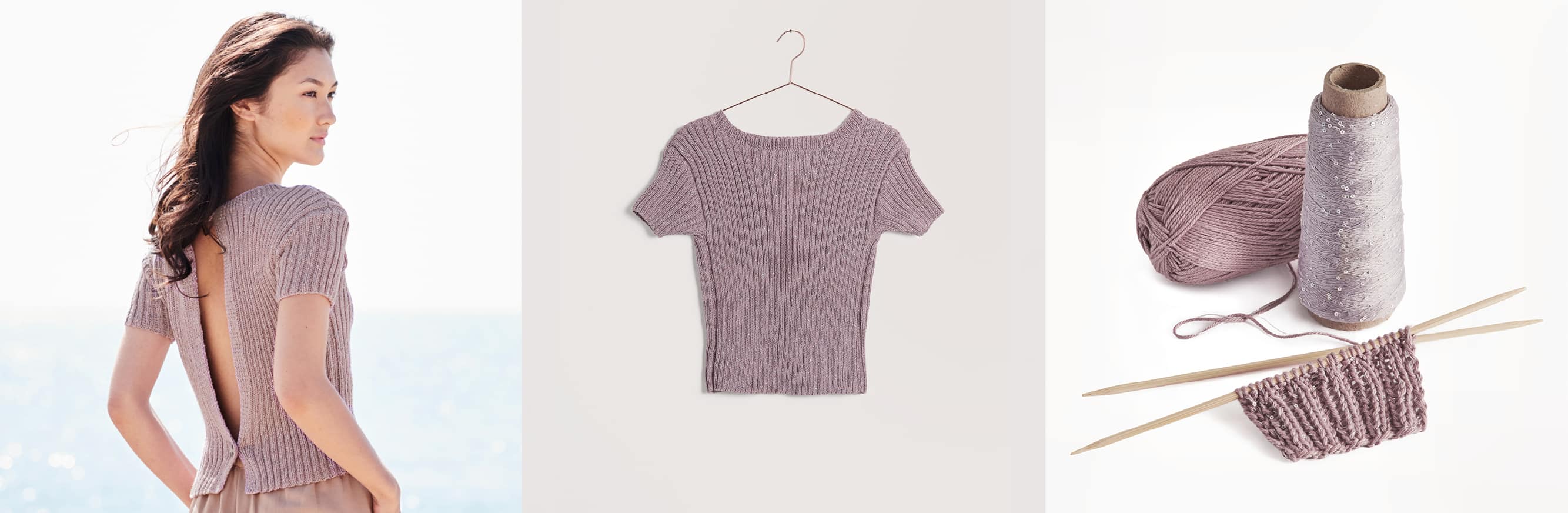 Gestricktes Shirt Modell 14 aus Lovewool No. 22 getragen an einer Frau und platziert auf einem Bügel. Daneben Wollknäuel in Lilatönen und Strickstück an Rundstricknadeln.