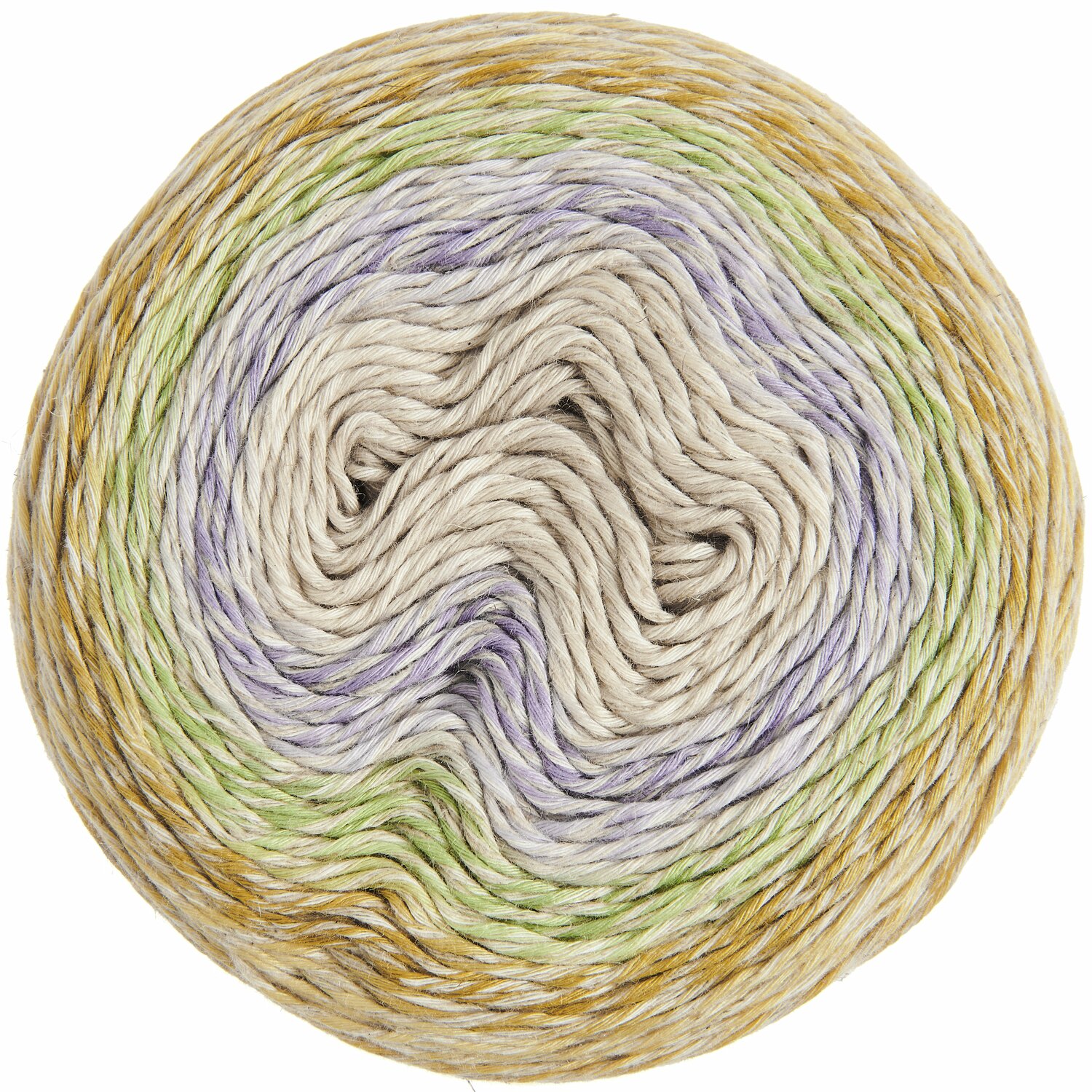 Creative Cotton Linen Cake, 200g 480m, zeigt sanfte Farbtöne in Beige, Lila und Grün. Ideal für Strickprojekte.