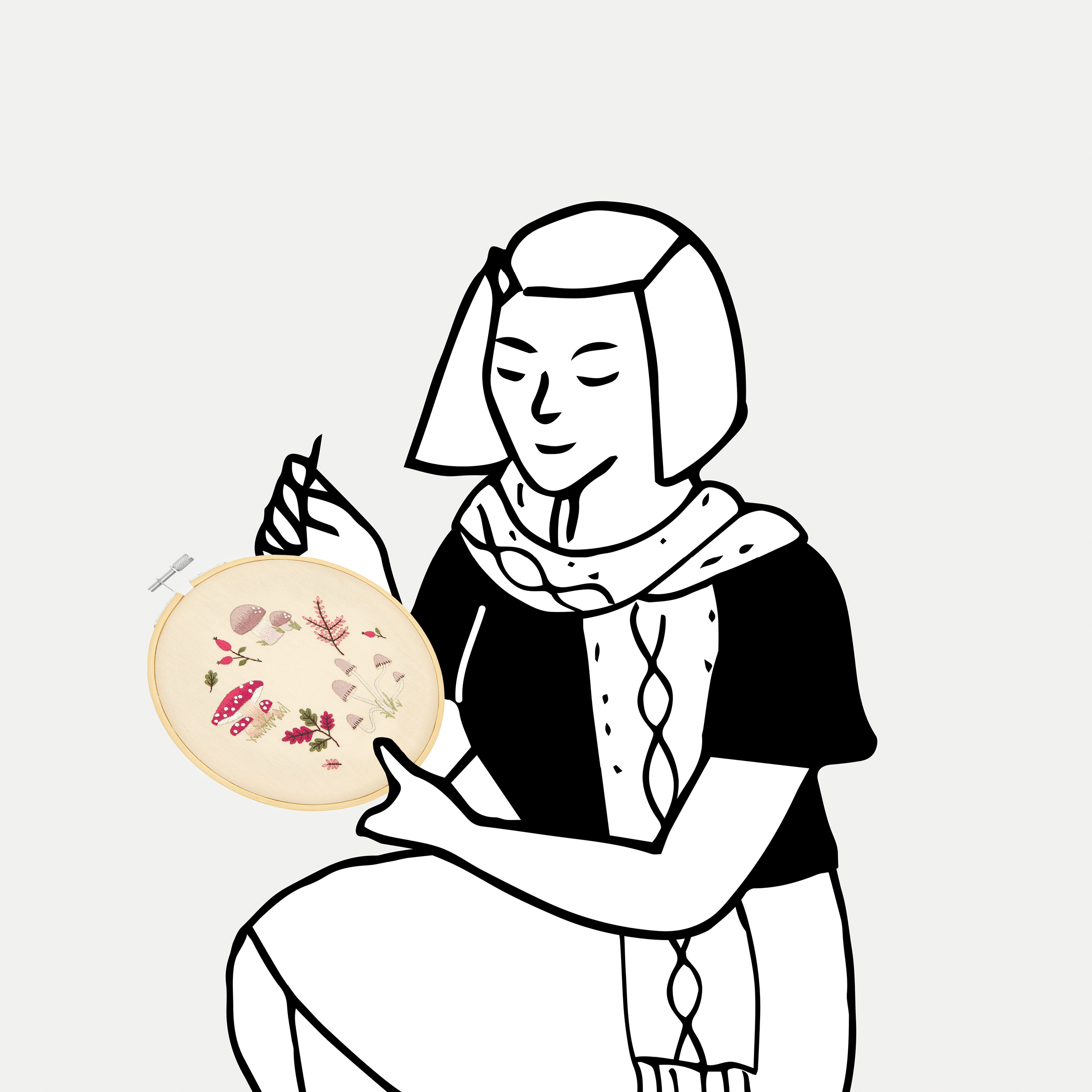 Schwarz-weiß gezeichnete Figur hält Stickbild in der Hand