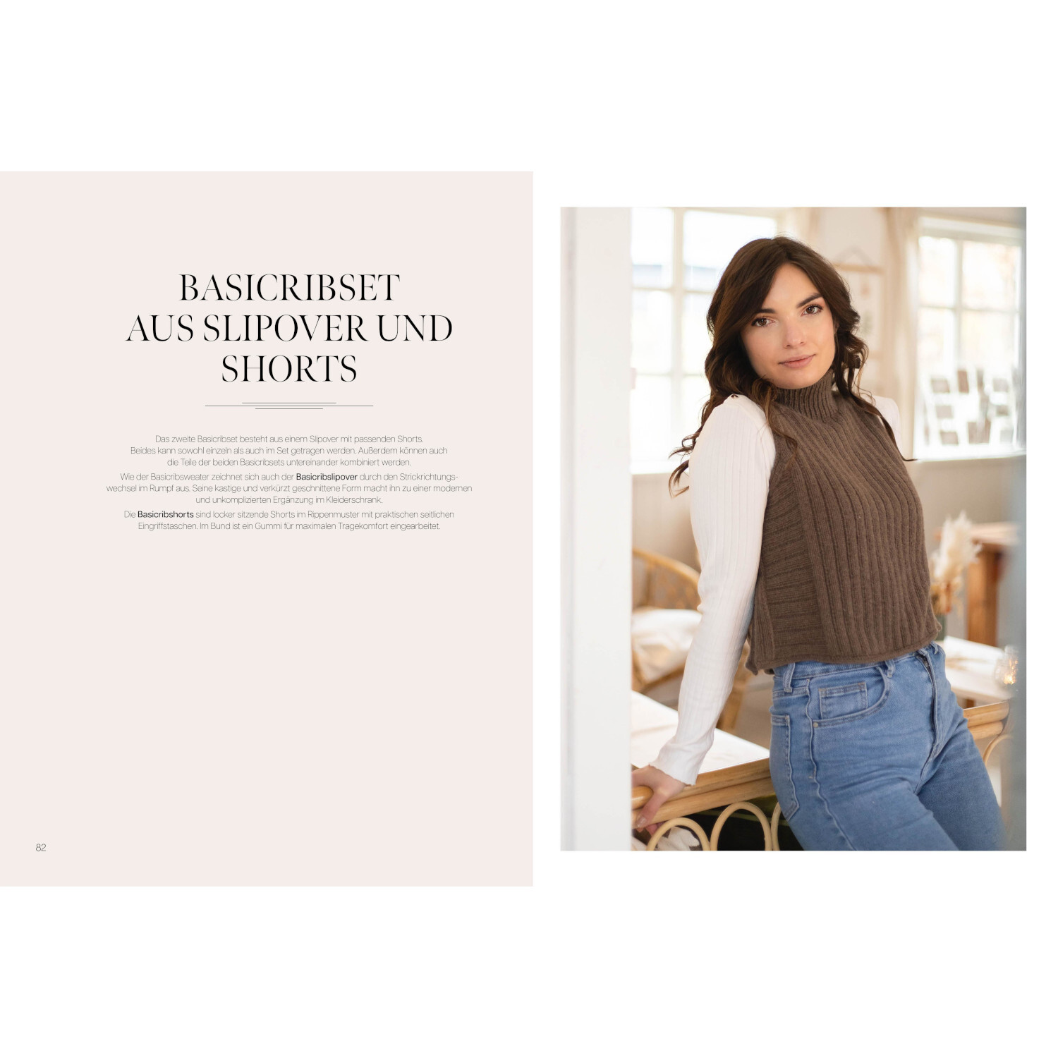 Fall(ing) for Knits: Frau in braunem Strick-Slipover und blauer Jeans, lässig an Tisch gelehnt.