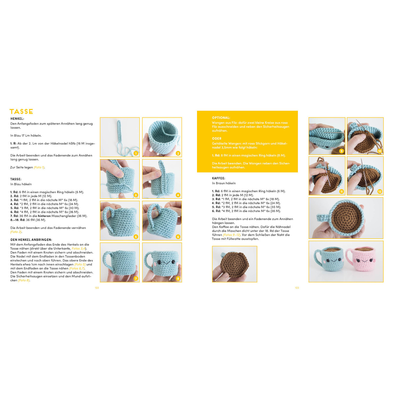 Meine kunterbunte Amigurumi-Welt: Anleitung zum Häkeln einer blauen Tasse mit Schritt-für-Schritt-Bildern.