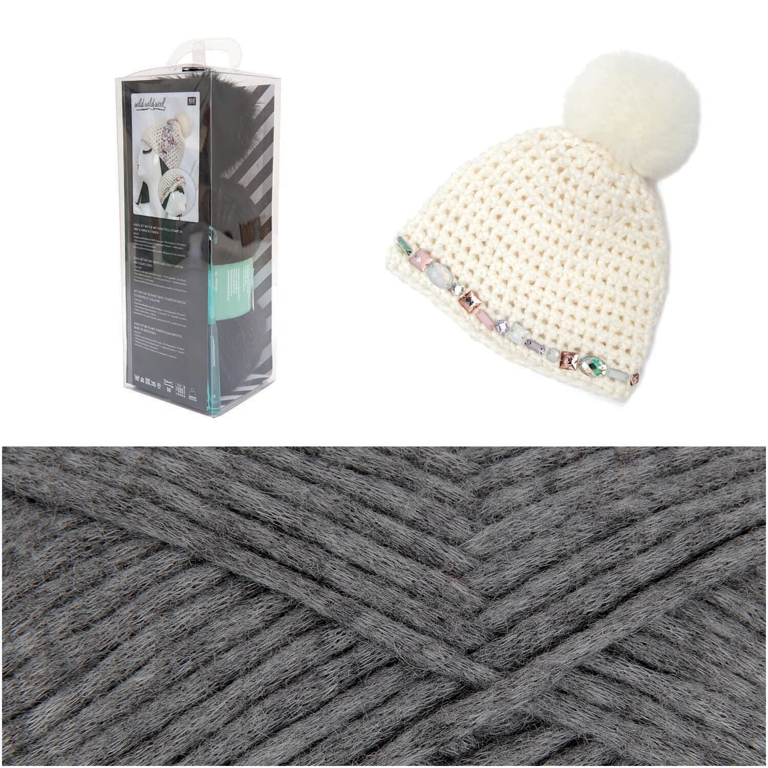 Häkelset Mütze Wild Wild Wool mit Bommel und Strass Farbe Grau von Rico Design Häkelset Mütze Wild Wild Wool mit Bommel und Strass Farbe Grau von Rico Design