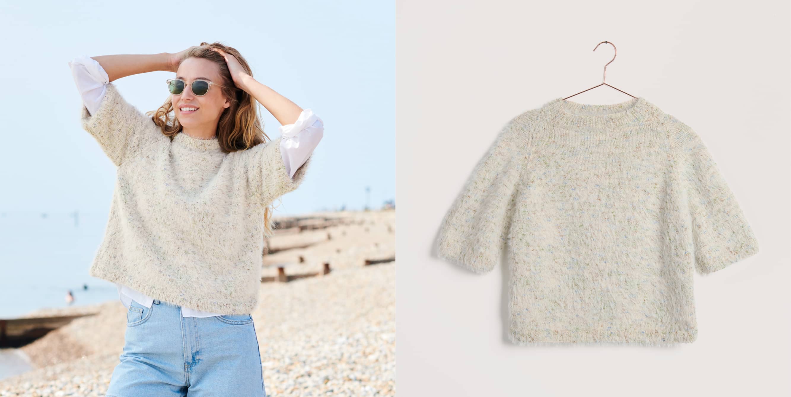 Gestricktes Shirt Modell 33 aus Lovewool No. 22 getragen an einer Frau und platziert auf einem Bügel.